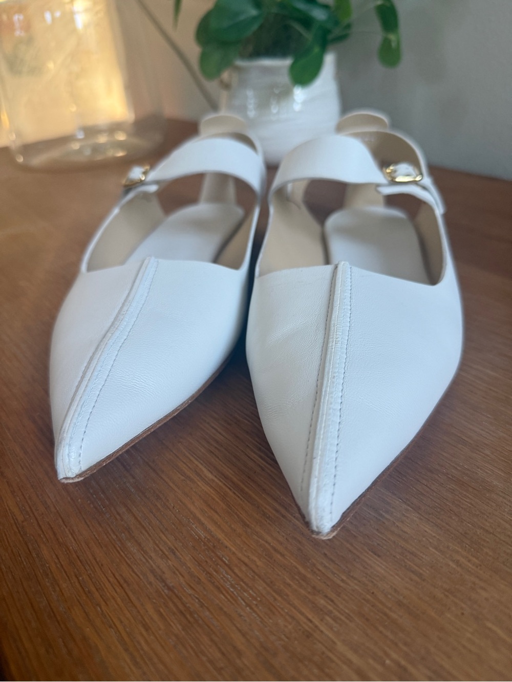 Tibi White Pointed Slingback Flats with Gold Buckle